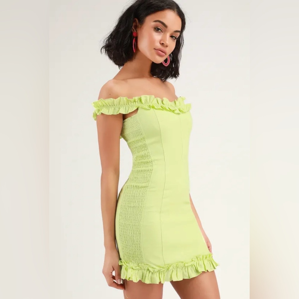 Lulus Elati Lime Green Ruffled Off-the-Shoulder Bodycon Dress Cotton Linen Blend